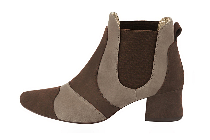 Step out in two-tone leather Chelsea ankle boots with contrasting elastic side gussets for a bold, modern graphic style, in chocolate brown and sand leather with round toe and low flared heel - Florence KOOIJMAN